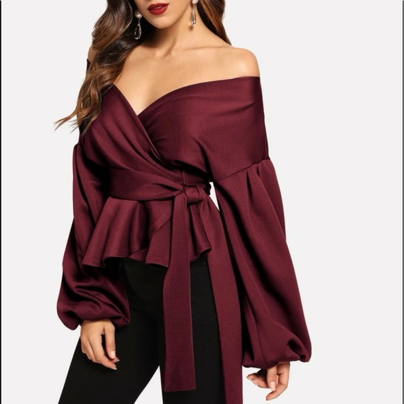 Luxe Off Shoulder Peplum Self Tie Wrap Top Blouse Shirt - Picture 6 of 12